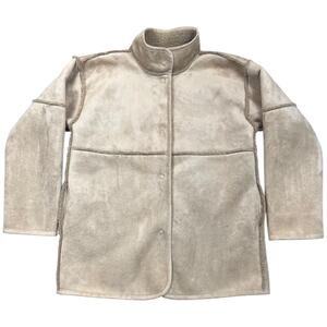 Faux Shearling Coat Beige Taupe Suede Look Sherpa Lined Jacket - Women's Large